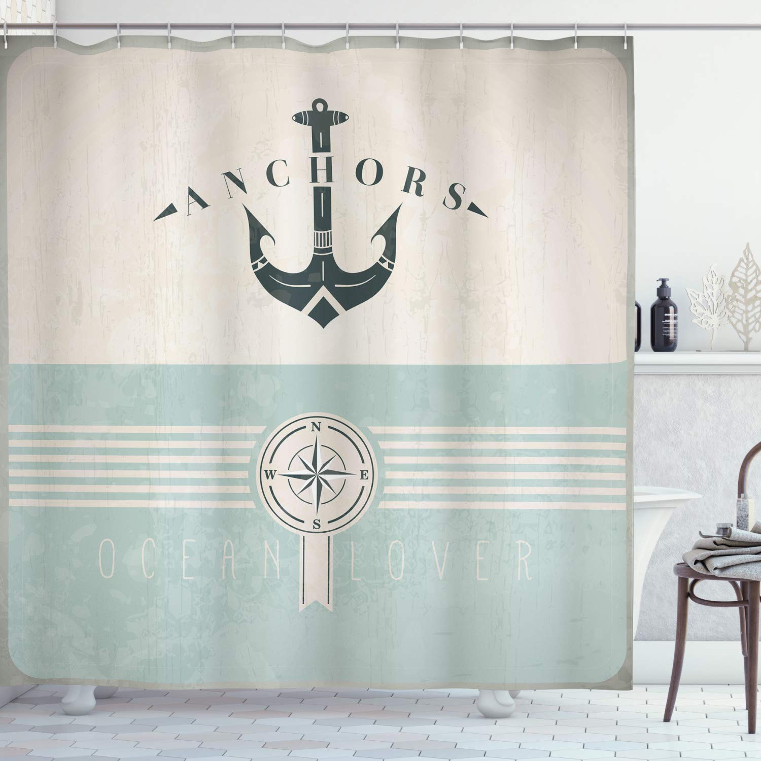 ABAKUHAUS Nautical Shower Curtain, Vintage Marine Design for Ocean Lovers Anchor Compass and Stripes, Cloth Fabric Bathroom Decor Set with Hooks, 175 x 220 cm, Seafoam Beige Reseda Green