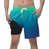 Rokka&Rolla Men's Swim Trunks with Compression Liner 7" Stretch Quick Dry Board Shorts
