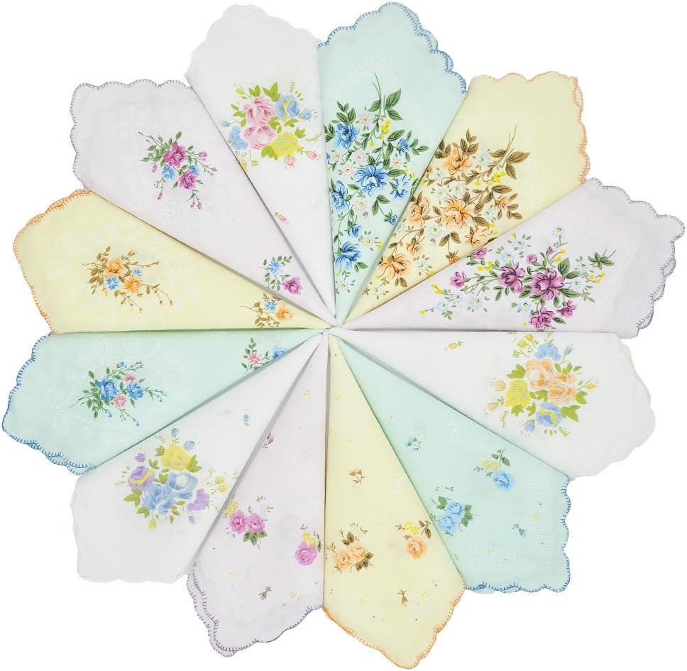 GB Women's 100% Cotton Handkerchiefs Assorted with Wavy Edge and Print Floral 12 Pieces