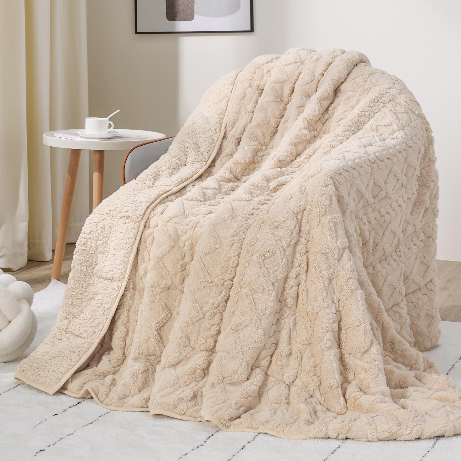Photo 1 of Drewin Weighted Blanket for Adults 12lbs, Soft Comfy Fleece Weighted Blankets with Doubled-Side Shaggy Sherpa, Classy Jacquard Heavy Blanket for Couch and Bed, Beige, 48 x 72 inches