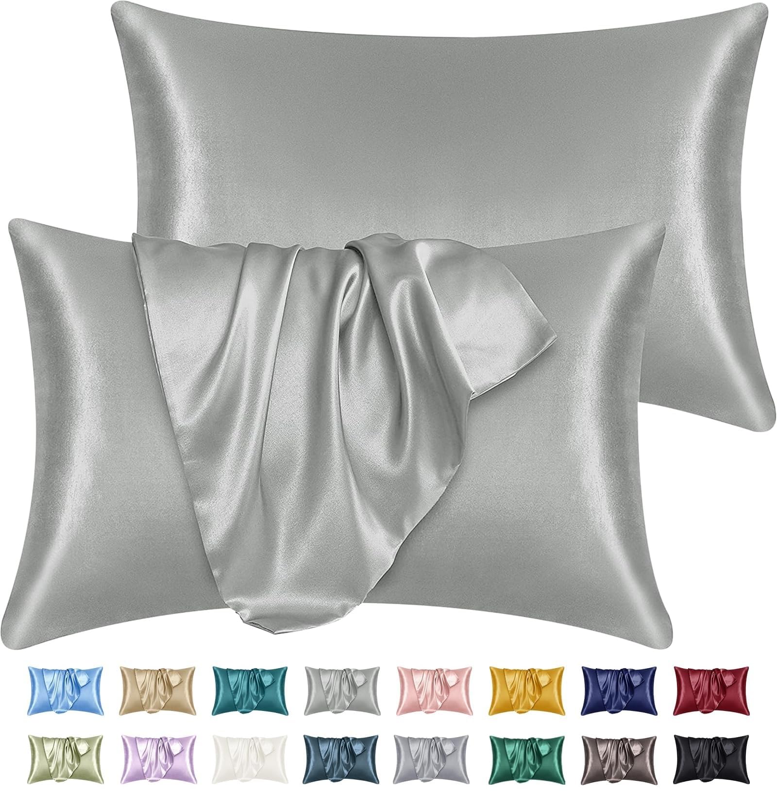 Yorkshire Bedding Satin Grey Pillow Cases 2 Pack – Luxurious Silky Pillowcases For Hair and Skin Standard Size with Envelope Closure Hypoallergenic Pillow Covers (50 x 75 cm)