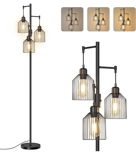 FUNNYBEHOM Floor Lamp – 67" Tall, 3-Color Temperature, Pull Chain Switch, Black With Linen Shade (9W Bulb Included)