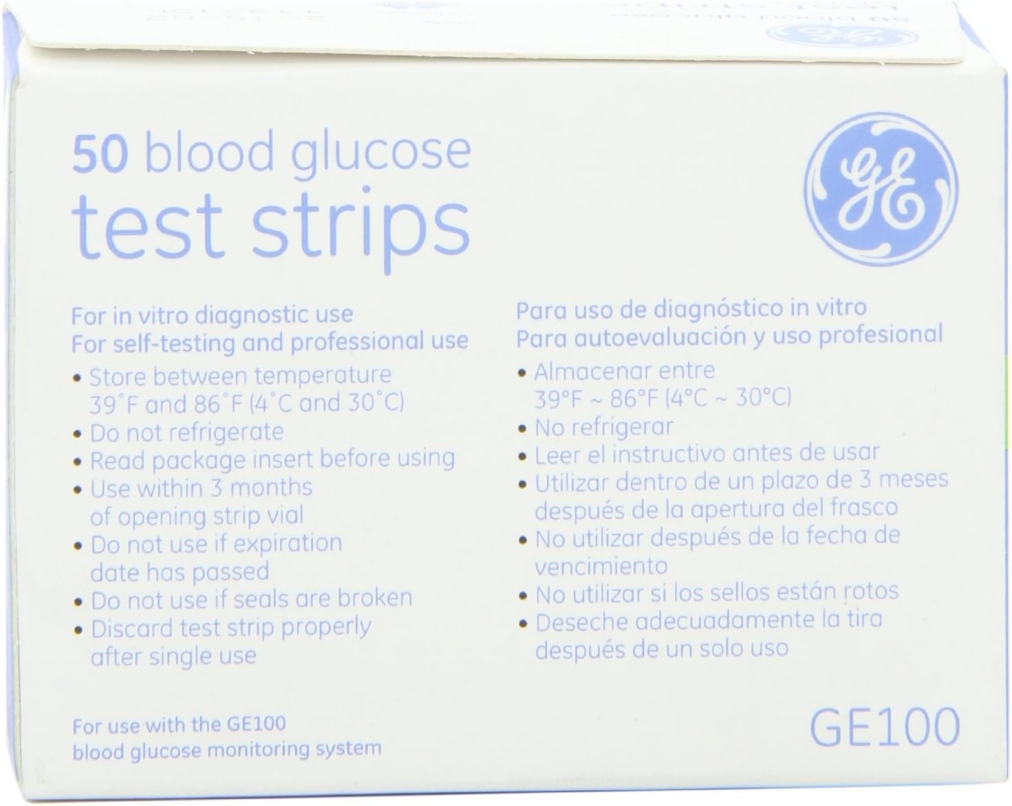 GE100 Blood Glucose Test Strips - 4/Boxes of 50 Strips = 200/Total Strips: Health & Personal Care