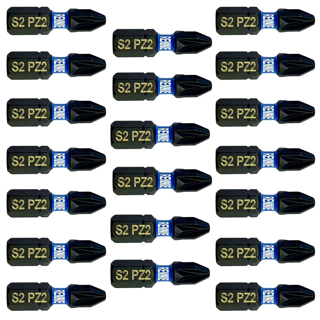 20 x Rennie Tools 25mm PZ2 Impact Screwdriver Driver Bits Set. Heavy Duty PoziDriv POZI No.2 Screwdriver Bit Set. PZ2 Impact Driver Bits Pozidrive Screw Accessories. Black Oxide Coated
