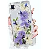 AuroiCCY for iPhone 16e (2025) Clear Case with Pressed Real Flower, Cute Glitter Bling Flower Pattern Slim Soft TPU Shockproof Protective for Women Girls Phone Cover (Purple)