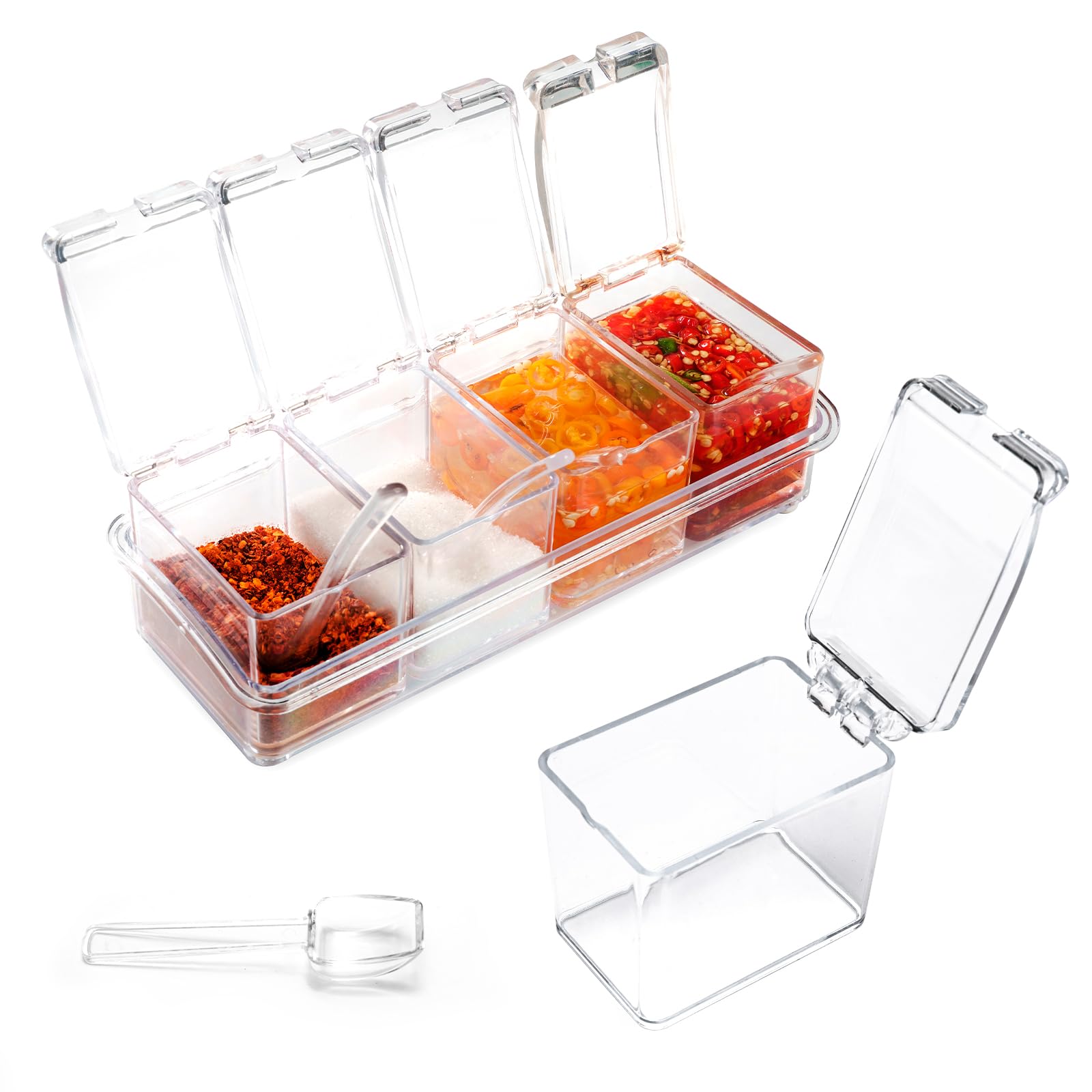 Photo 1 of PNDID Clear Seasoning Box, 4 Piece Seasoning Rack Spice Pots, Plastic Storage Container Condiment Jars with Lids and Spoon, Storage Container Spice Jar for Salt Sugar Tea Herbal Coffee Beans