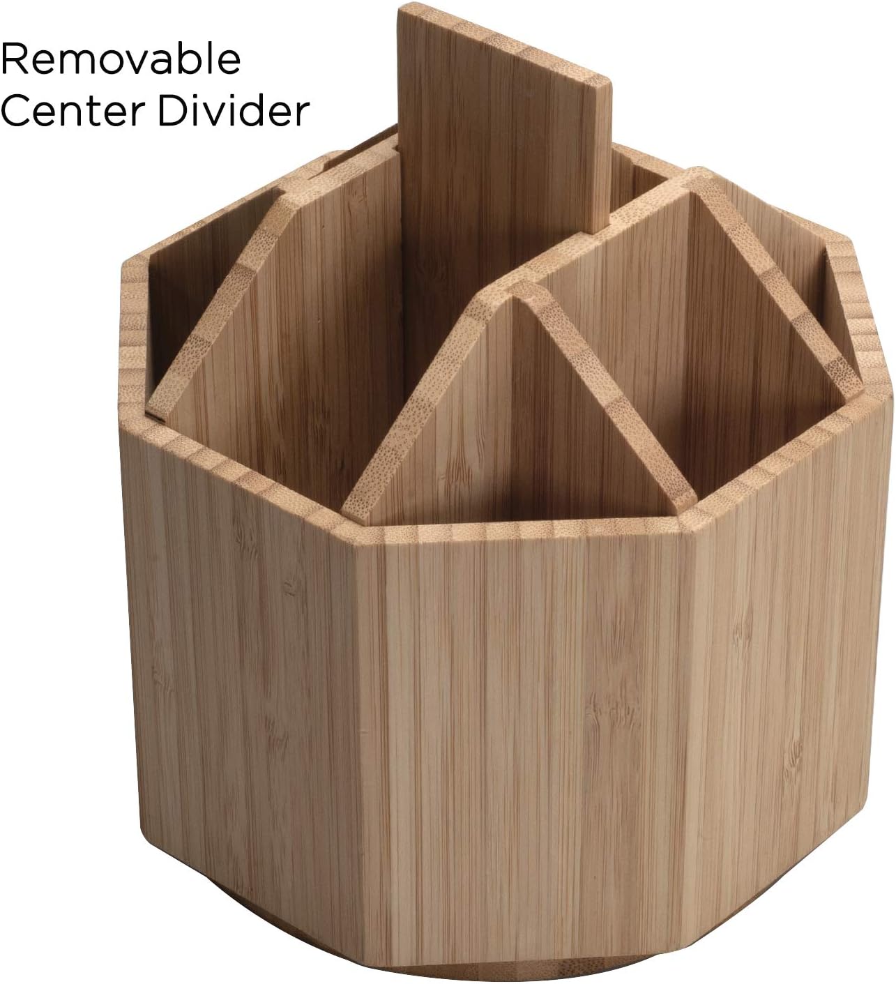 Bamboo Rotating Utensil Holder & Kitchen Organizer, Multiple Compartments, 8 Sections, store Forks, Serving Spoons, Knives, and other cooking tools with Removable Divider for Customized Storage: Home Improvement