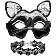 OLYPHAN Black Cat Costume for Women with Sexy Lace Masquerade Mask, Lace Cat Women Ears & Kitty Necklace, Mask and Ears Adults/Adult Halloween Accessories