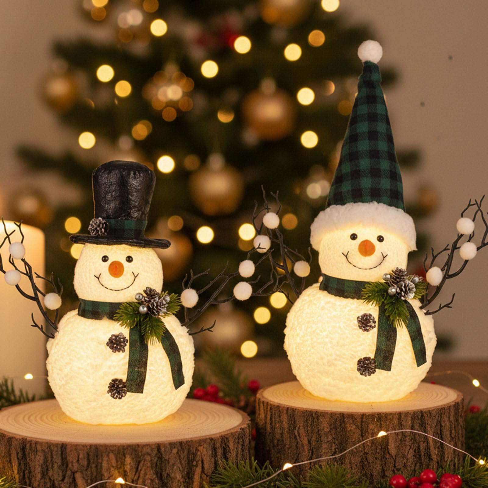 Photo 1 of 2 Pack Green and White Christmas Day Decor, 14" Lighted Plush Christmas Day Snowman Decorations, Light Up Snowman Holiday Present, Table Mantel Desk Fireplace Shelf Home Holiday Minimalist Decor