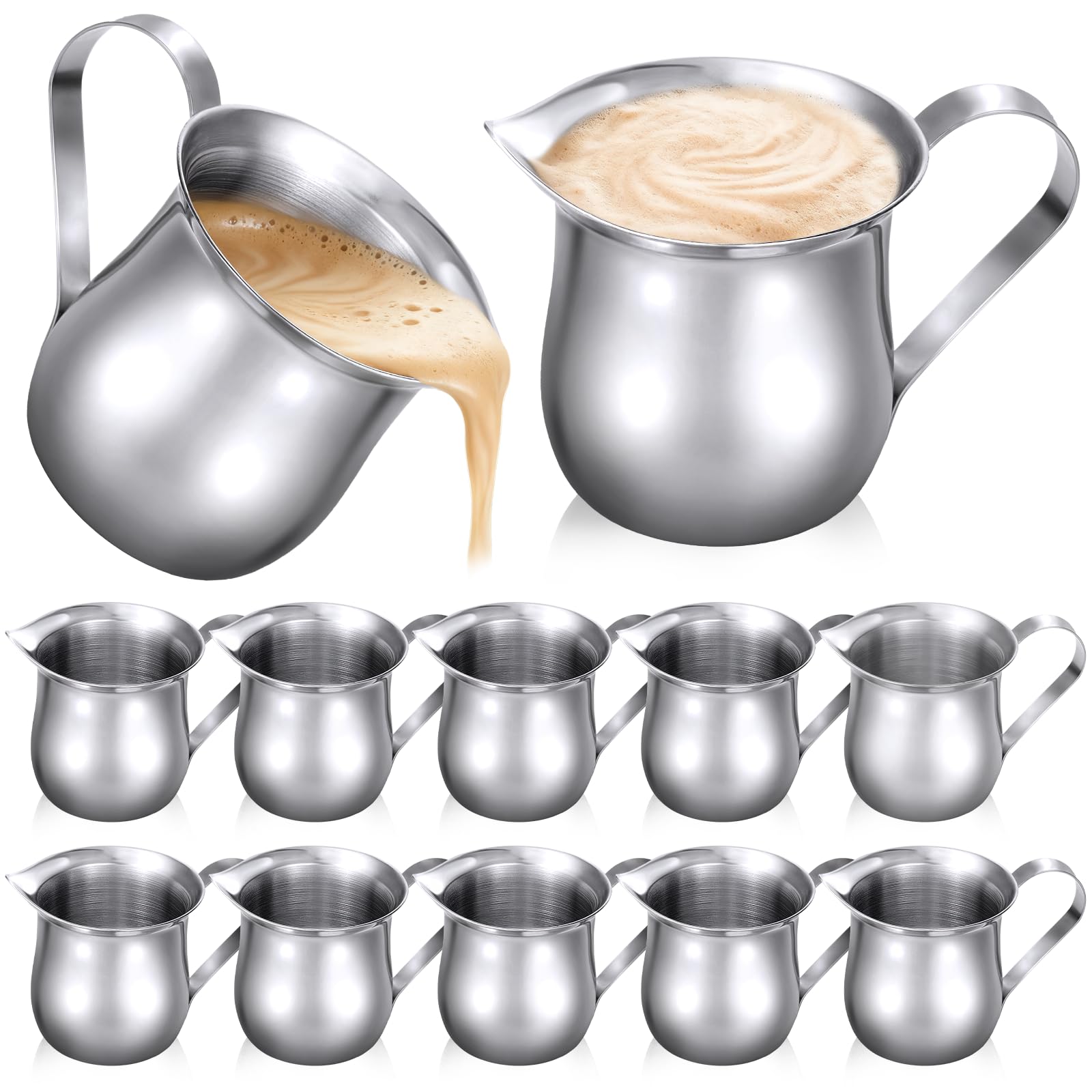 Photo 1 of 12 Pcs Stainless Steel Bell Creamers, 3 oz Small Creamer Pitcher, Mini Creamer Dispenser with Pouring Spout, Espresso Frothing Pitcher Cup for Restaurant Cafes Home