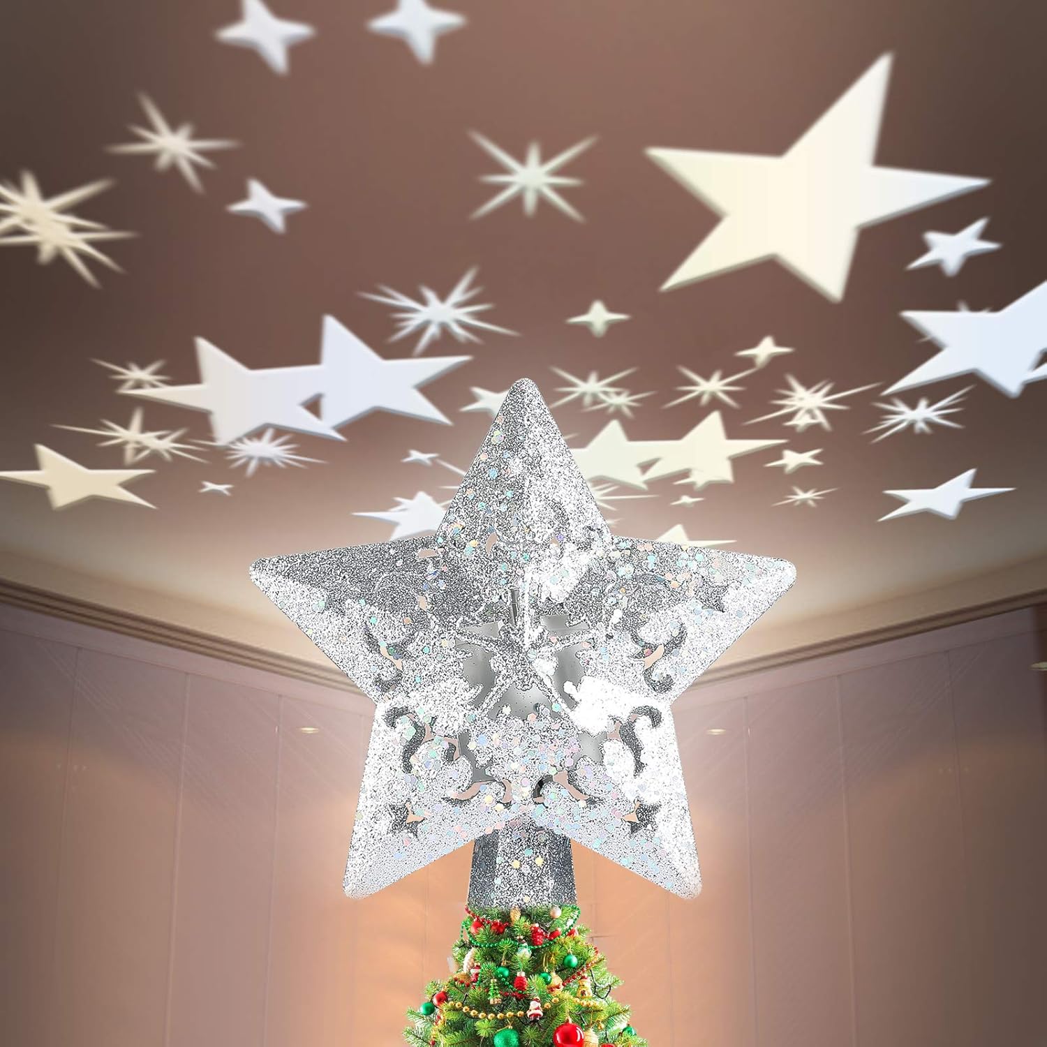 Tenflyer LED Star Christmas Tree Topper Light with White