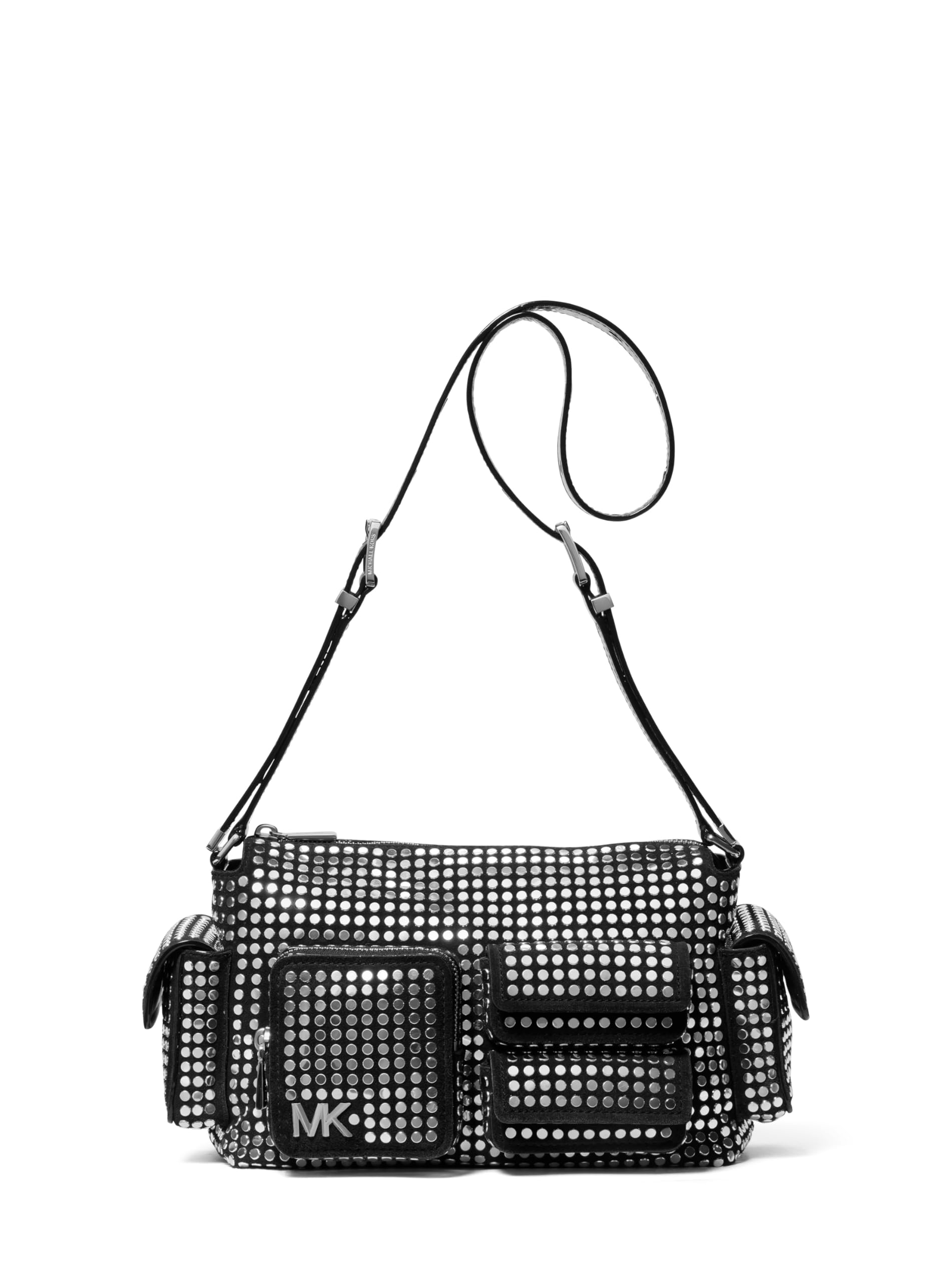 Photo 1 of Michael Kors Dakota Medium Pocket Shoulder Bag, Silver-Tone Hardware/Hot Fix Nailhead Studs/Black