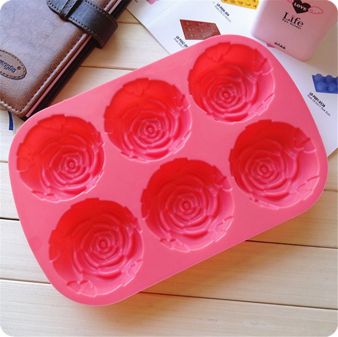 6 Cavity 3D Rose Shaped DIY Silicone Mold for Soap Cake Food Pudding and More