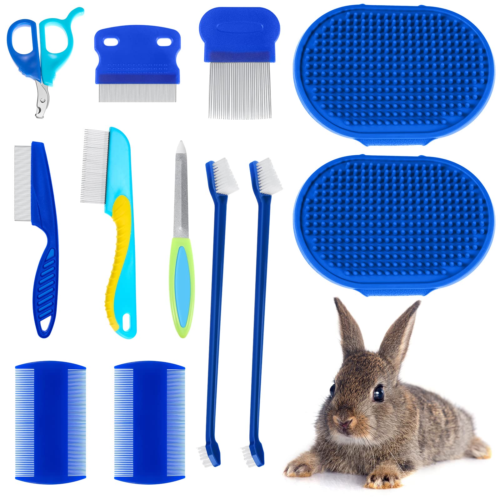 Honoson 12 Pieces Rabbit Grooming Kit Nail Clippers and Clipper Animal Hair Epilator Long and Short Comb Stain Remover Massage Brush Comb and Toothbrush Double Sided