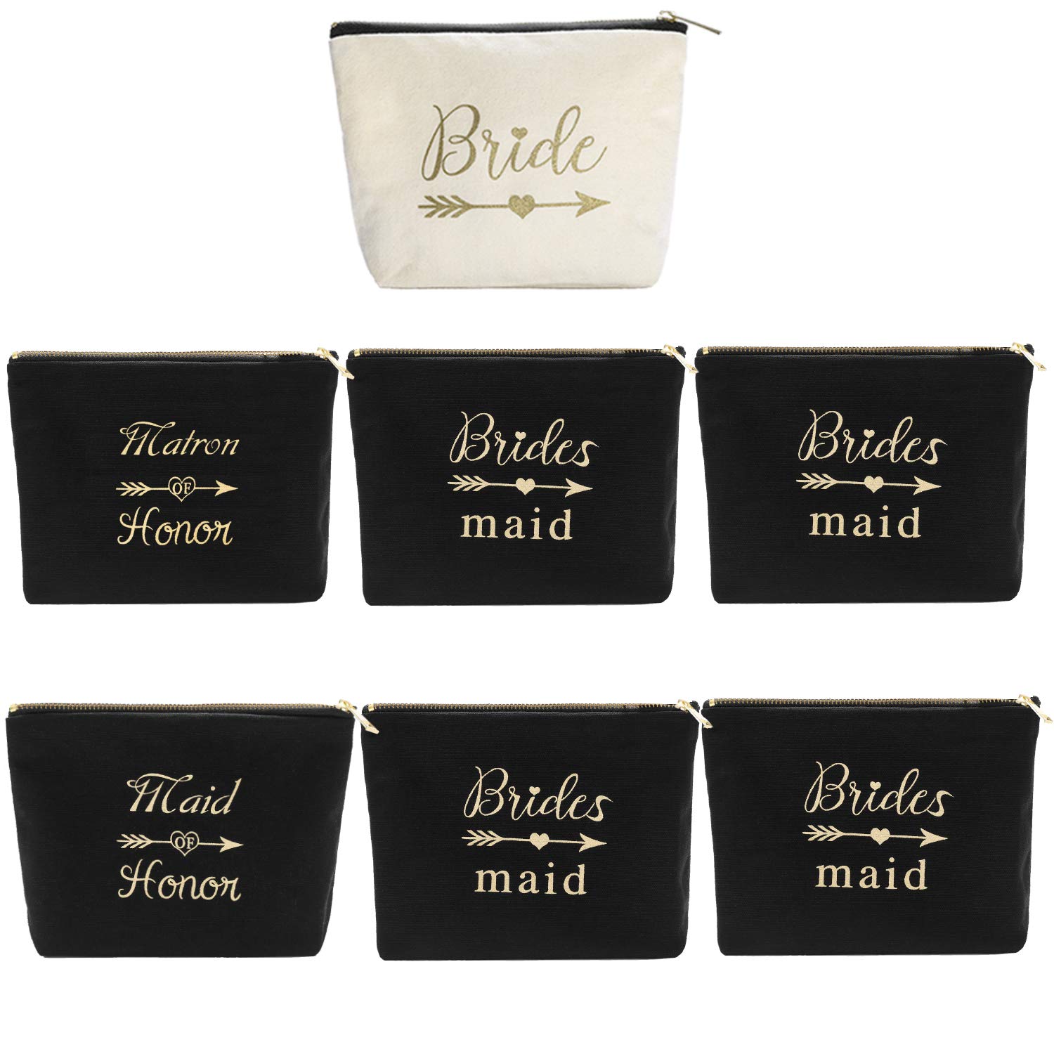 Pack of 7 Canvas Makeup Bags Include 1 Bride Bag 1 Maid of Honor Bag 1 Matron of Honor Bag and 4 Bridesmaid Bag Wedding Bridal Shower Party Zippered Cosmetic Bags Bridesmaid Proposal Gifts (Black)
