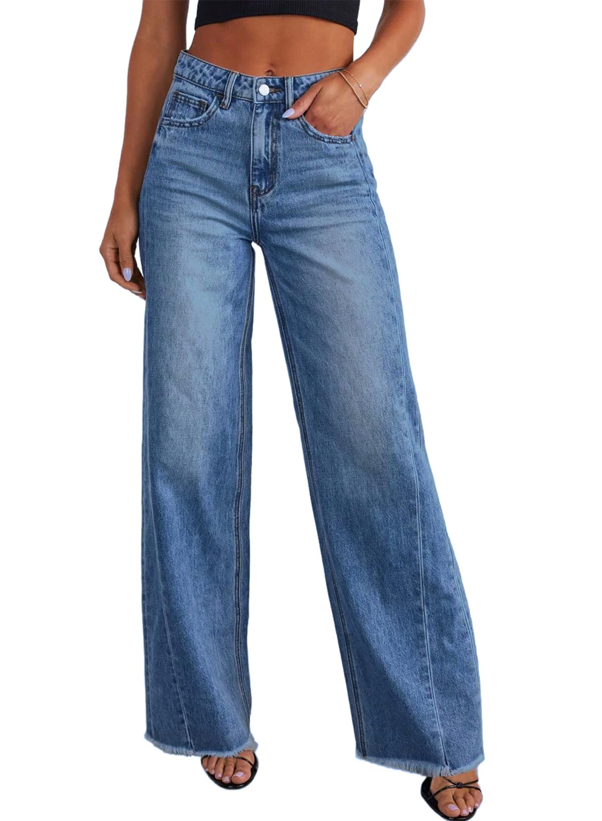 Photo 1 of Sidefeel Women's Wide Leg Jeans High Waisted Stretchy Raw Hem Denim Pants Size 8 Blue