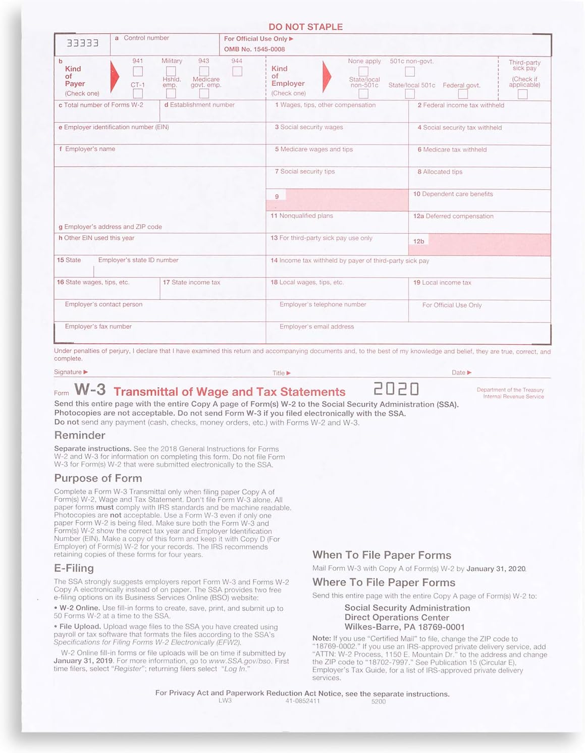 W3 Transmittal Tax Forms 2020, 10 Form W-3 Summary Laser Forms for Transmittal of Wage and Tax Statements, W-3 Forms, Compatible with QuickBooks and Accounting Software, 10 Pack : Office Products