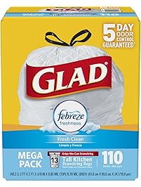 Glad OdorShield Tall Kitchen Drawstring Trash Bags - Febreze Fresh Clean - 13 Gallon - 110 Count