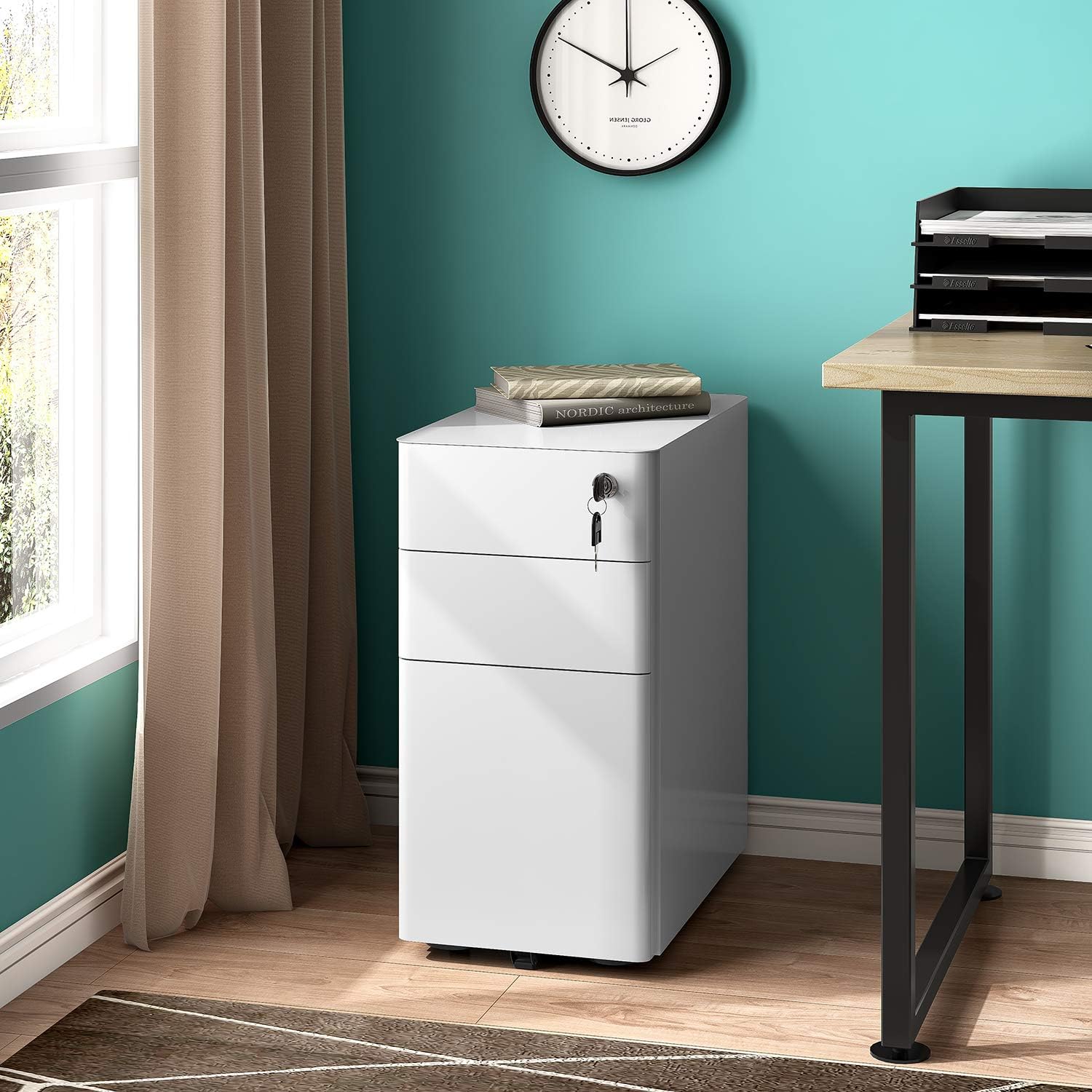 REYADE 3 Drawer Mobile File Cabinet, Slim Metal Office Storage Cabinet with Lock, Under Desk Office Pedestal File Cabinet, Fully Assembled, Suitable for Legal/Letter/A4 File, White: Kitchen & Dining