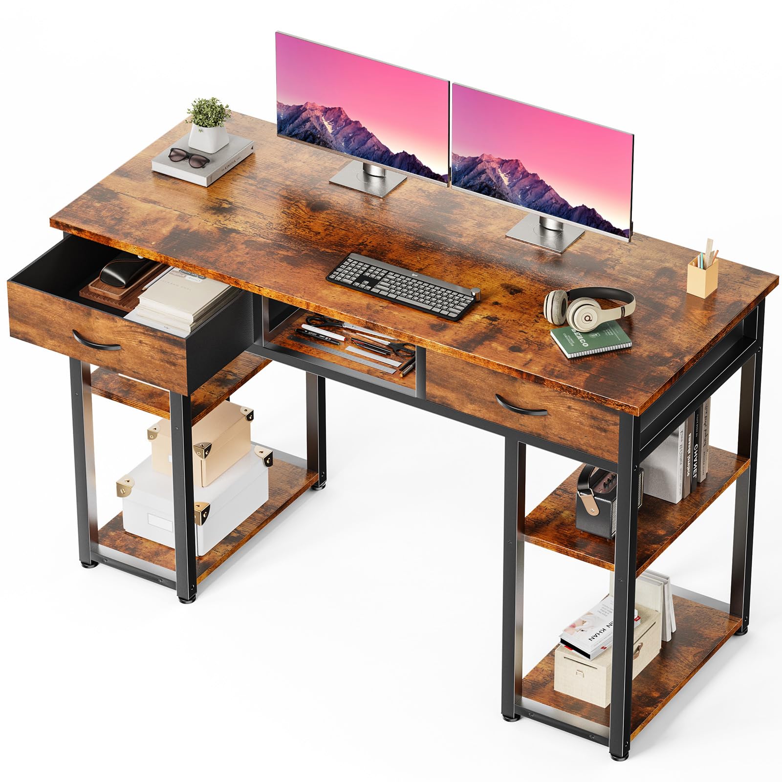 DUMOS 48" Small Computer Home Office Desk for Bedroom with Drawers, Gaming Writing Study Table with Storage Shelf, Adjustable Feet, Metal Frame Rustic Brown Image