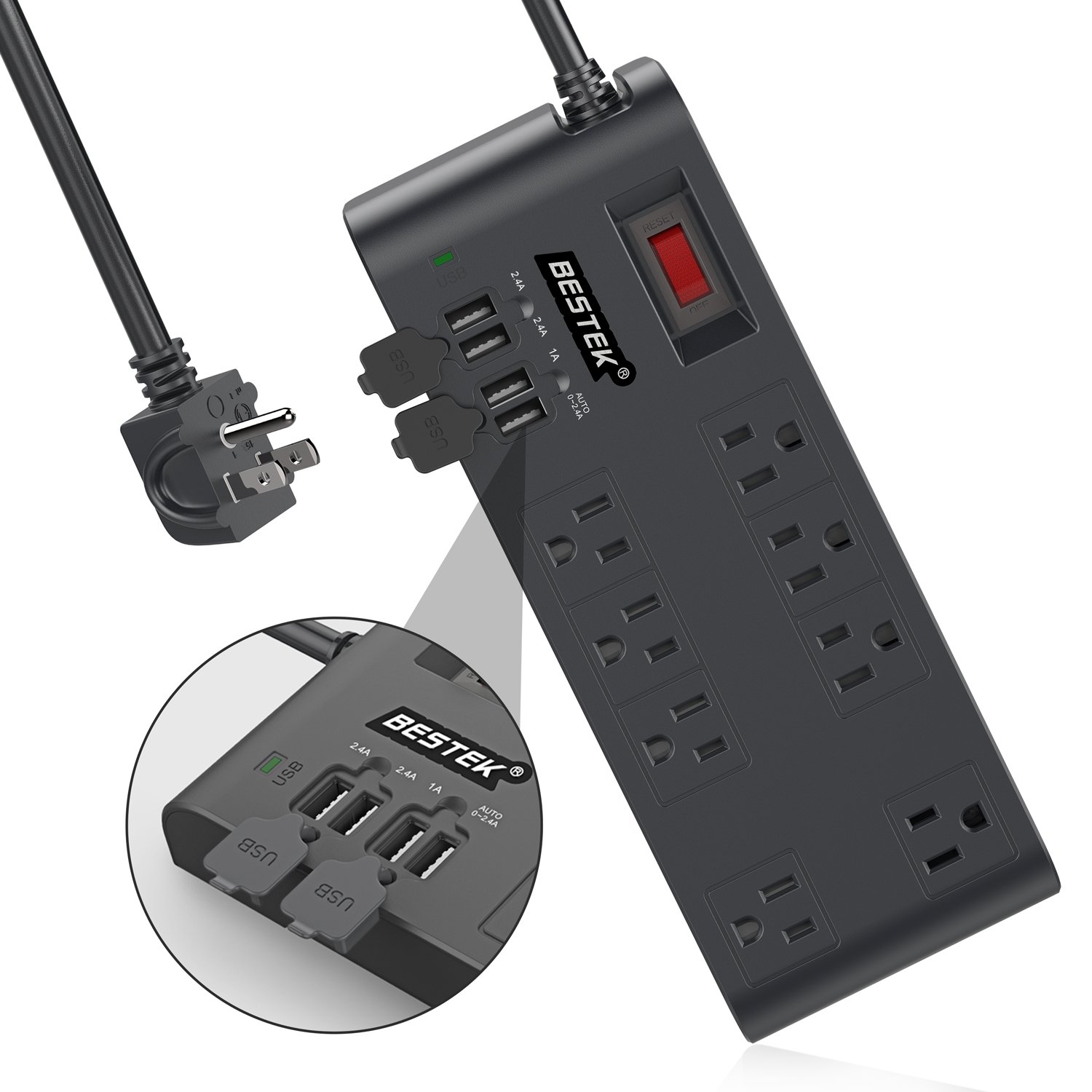 BESTEK 8Outlet Surge Protector Power Strip with 4 USB Charging Ports