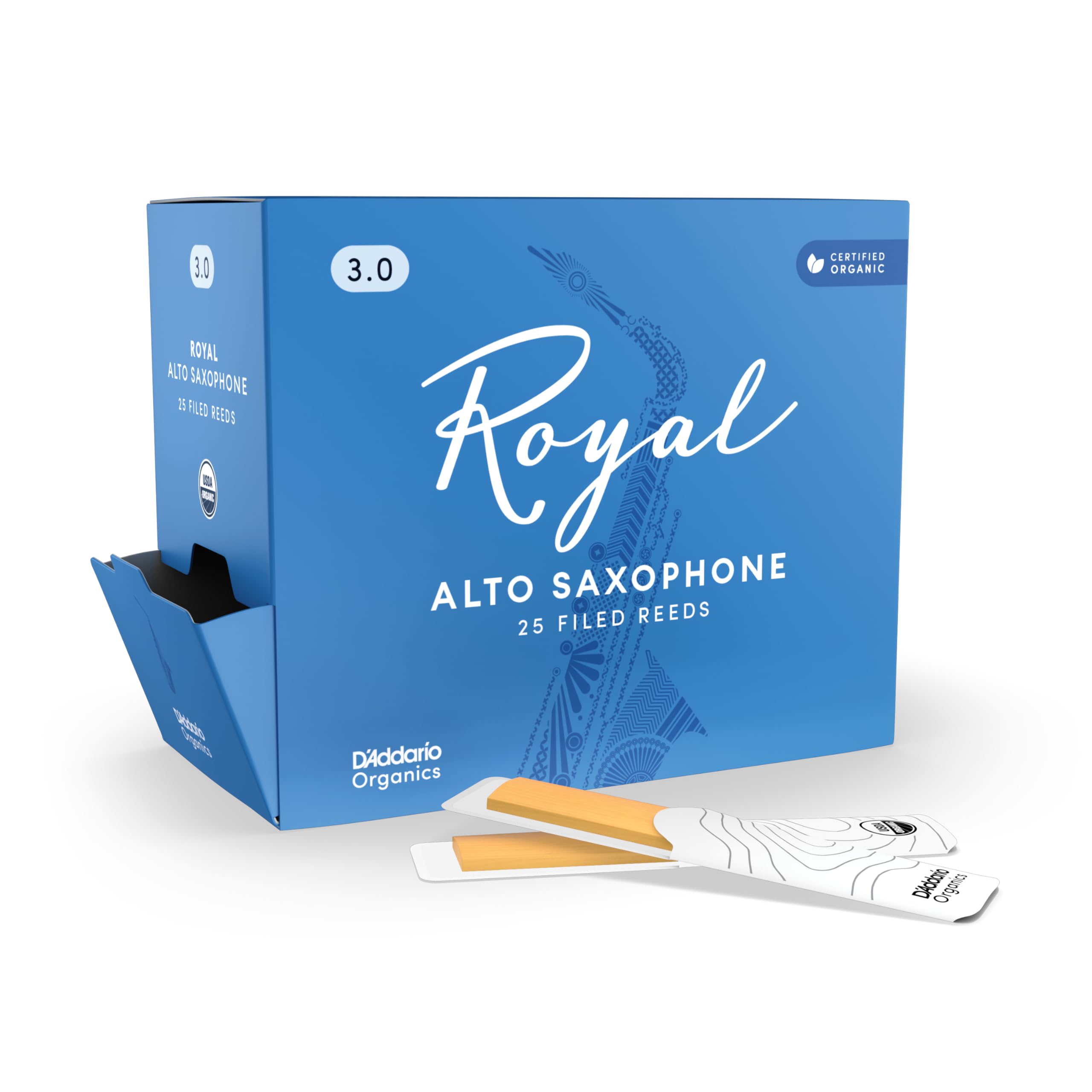 D'Addario Royal Organic Alto Saxophone Reeds, Strength 3.0, Bulk 25