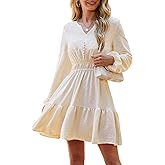 ETOSELL 2026 Womens Mini Dresses Long Sleeve Casual V Neck Empire Waist Ruffle Swing A-Line Dress with Button Decoration