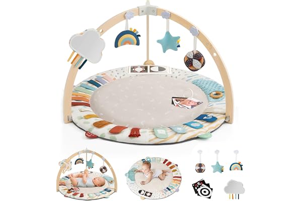 Blissful Diary Baby Play Gym & Activity Mat, 5 Developmental Zones Wooden Tummy Time Mat with 5 Detachable Sensory Toys for M