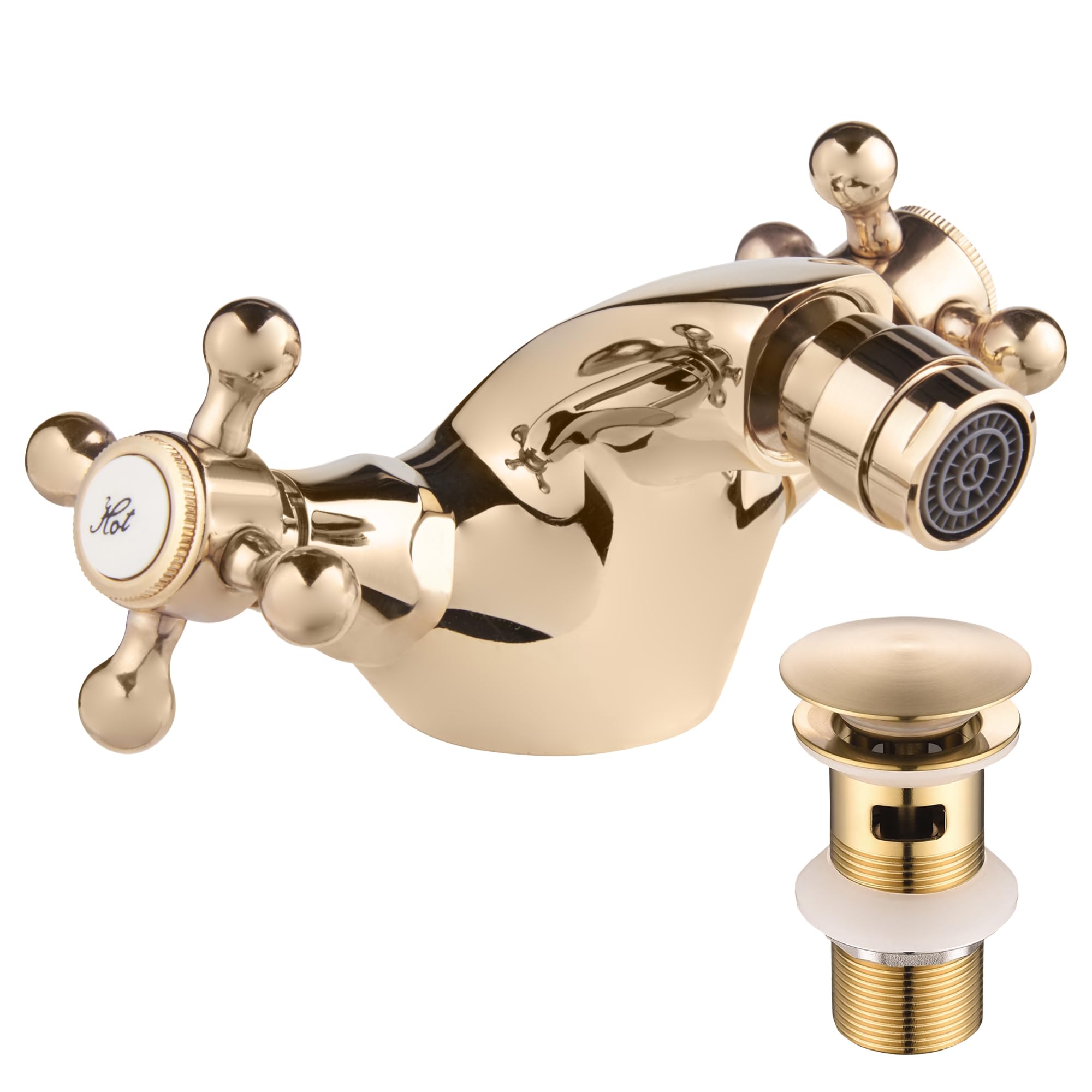 Deva TUD114/501 Tudor Bidet Mixer Tap in Gold with Pop Up Waste-Dual Cross Handle-Hot & Cold Victorian Era Deck Mounted Bathroom Basin Single Hole Brass Faucet-12 Year Warranty