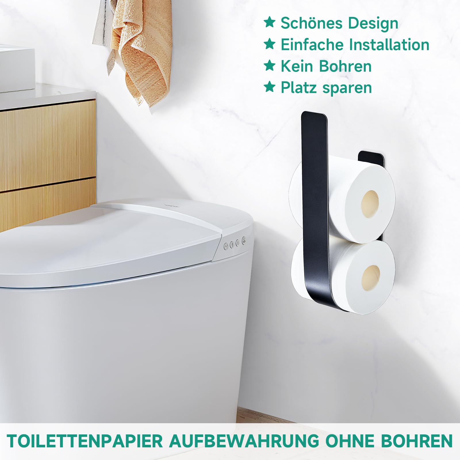 Toilettenpapier Aufbewahrung Schwarz Für 3 Rollen, Ersatzrollenhalter Toilettenpapier Ohne Bohren, Klopapier Aufbewahrung, Metall Toilettenpapierhalter, Klorollenaufbewahrung Wand 9