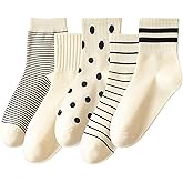 Heran Women Cute Striped Socks, Girls Ankle Aesthetic Crew Cotton Stockings for Women, 5 Pairs of Fashionable Patterned Quarter Girly Socks, Woman Retro Polka Dot Half Calf Stockings for Girls