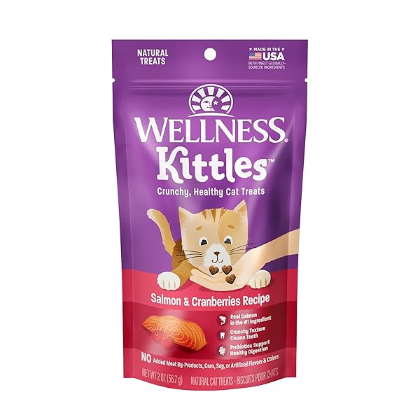 WELLNESS KITTLES CRUNCHY NATURAL GRAIN FREE CAT TREATS, SALMON & CRANBERRIES RECIPE, ALL LIFE STAGES, 2-OUNCE BAG