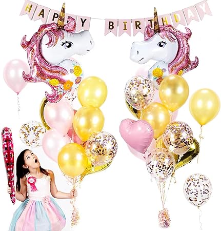 Amazon ユニコーン 誕生日 飾り付け ピンク ゴールド 可愛い 女の子 Happy Birthday バナー ガーランド バルーン 風船 紙吹雪入れ ハート ベビーシャワー １歳 28枚セット 風船 バルーン おもちゃ