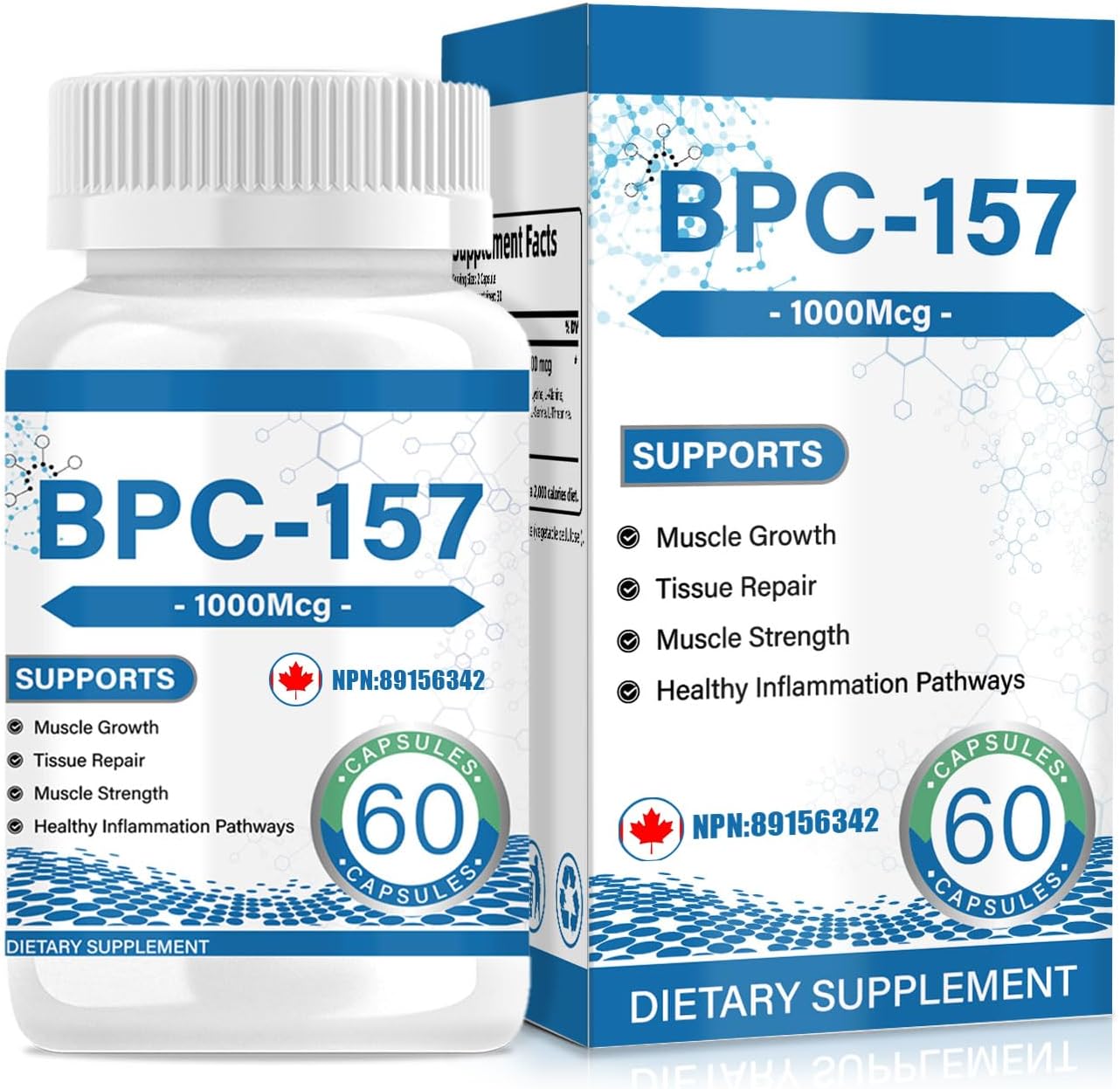 BPC 157 Peptide Capsules 1000 mcg, supports muscle growth, tissue repair, strength, non-GMO, gluten-free, 60 capsules