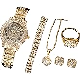 OLALACLAYCO Rhinestone Watch Jewelry Set with Necklace, Bracelet, Ring, Earrings, Hip Hop Style, 6 Pieces