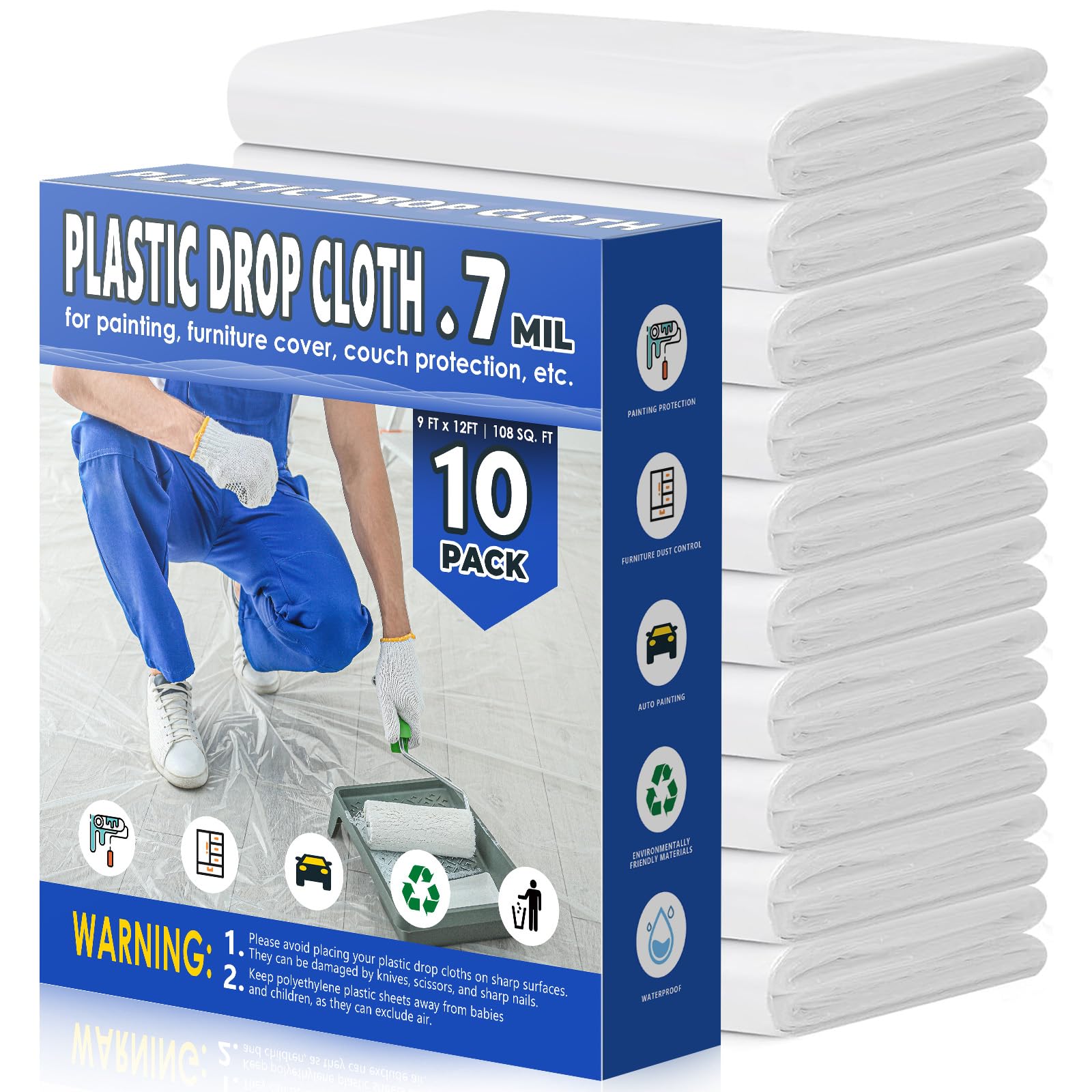 Photo 1 of 0.7 Mil Plastic Drop Cloths for Painting, 9x12 Ft Extra Large Painting Supplies, Plastic Sheet Dust Cover for Furniture, Floor, Couch Protector (10-Pack)