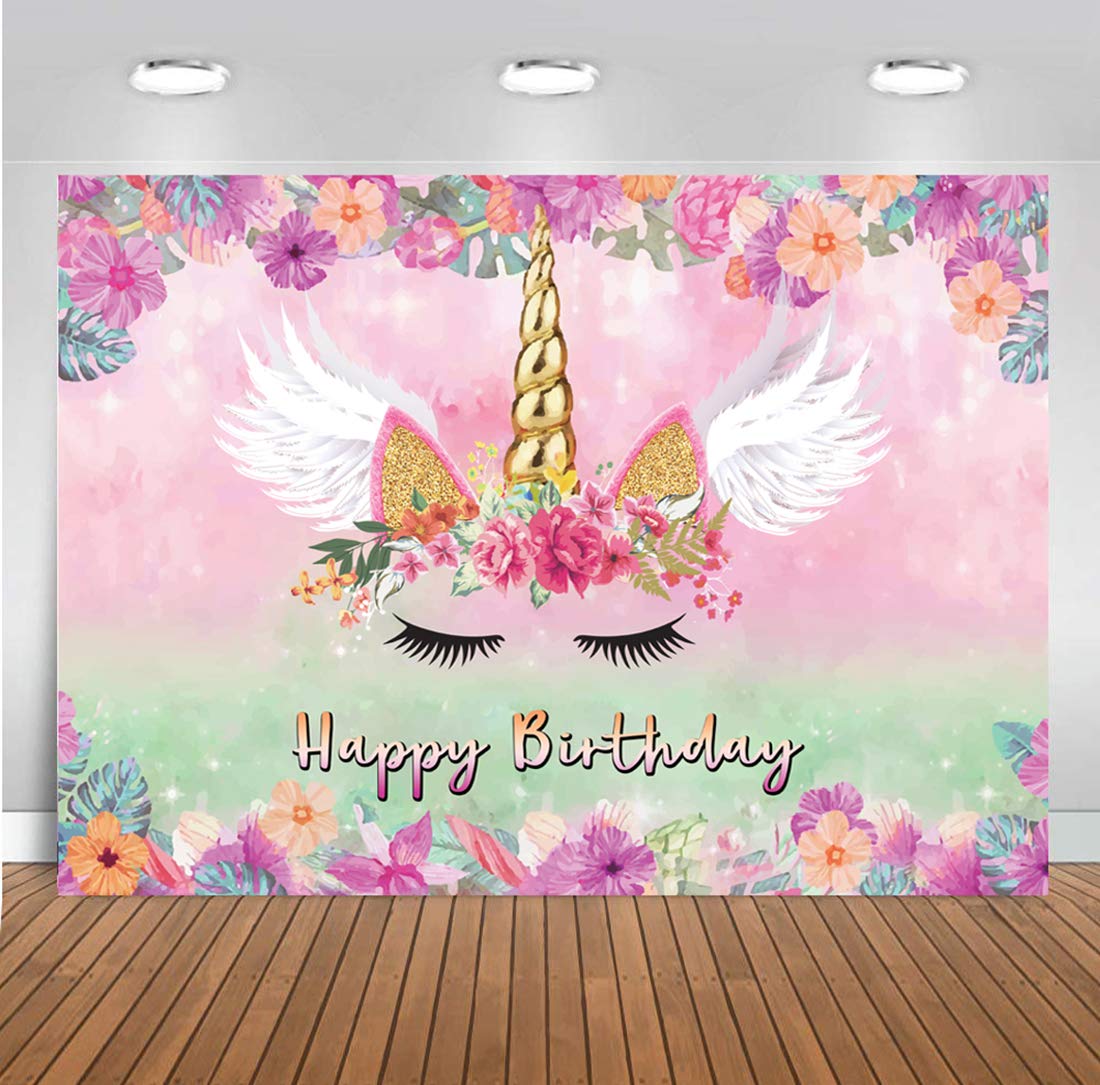 LTLYH 5x3FT Unicorn Backdrop Pink Floral Unicorn Photography Background Pink Theme Birthday Party Decoration Photo Booth A054