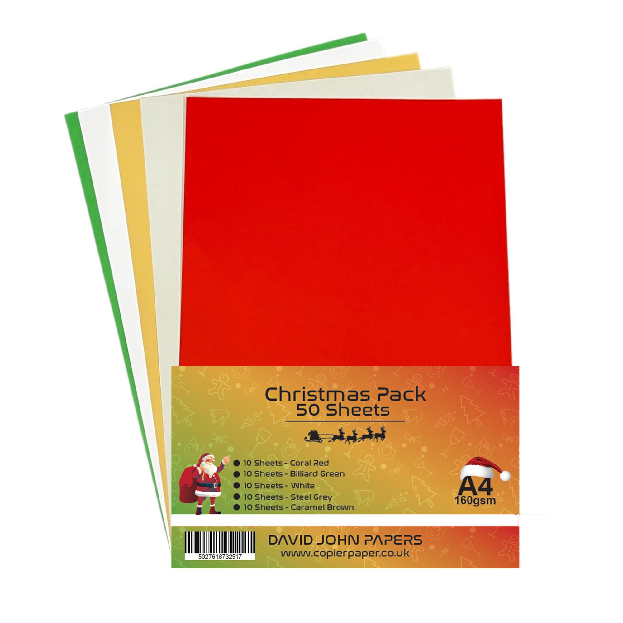 DJP 160gsm A4 Christmas Coloured Assorted Card Crafts Pack - 50 Sheets