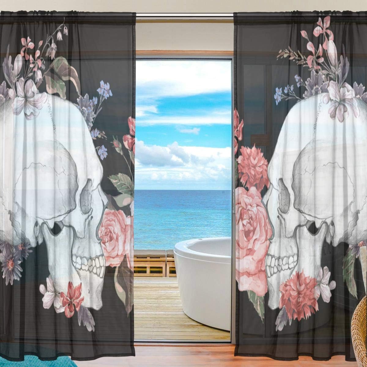 Sheer Curtain Flower Rose Skull Black Voile Tulle Window Curtains,2 Panels Set for Home Kitchen Bedroom Living Room,55 W X 84 L Inches