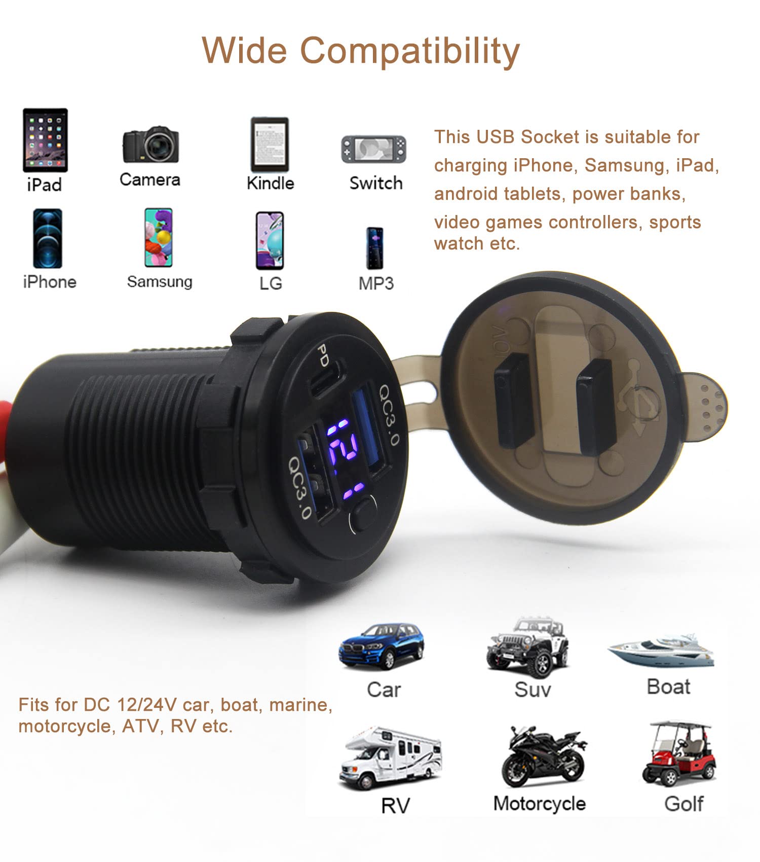 Dual USB Quick Charge 3.0 Port & PD USB C Car Charger Socket, 12V USB Outlet with Voltmeter and Power Switch for Car Boat Marine Truck