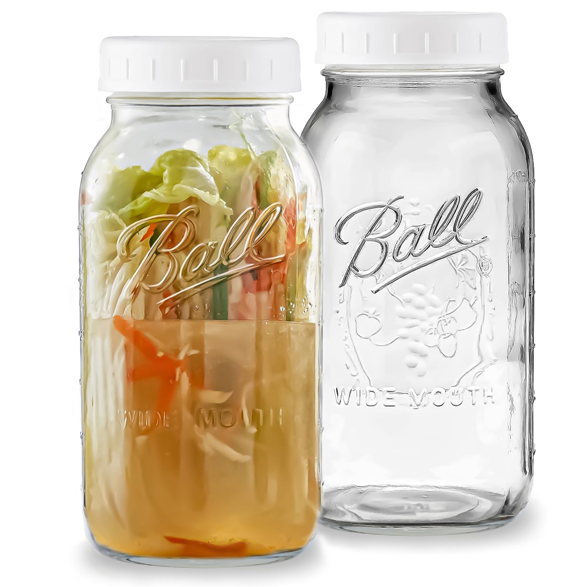 Photo 1 of Wide Mouth Mason Jars 64 oz - (2 Pack) - Ball Wide Mouth 64-Ounces Half Gallon Mason Jars with White M.E.M Food Storage Plastic Lid. For Storage, Freezing, Leak Proof, Microwave & Diswasher Safe