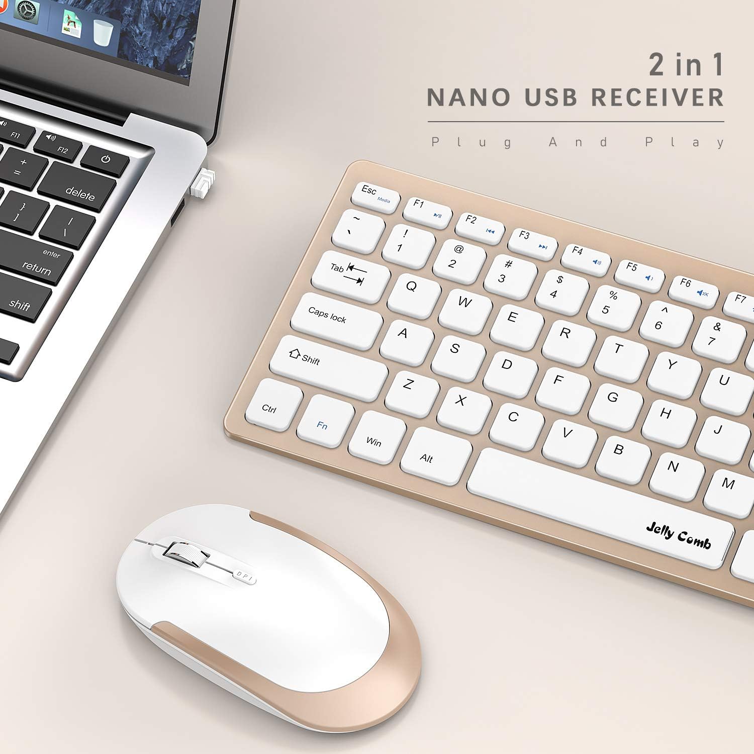 Wireless Keyboard and Mouse, Jelly Comb 2.4G Slim Compact Quiet Small Keyboard and Mouse Combo for Windows, Laptop, PC, Notebook-White and Gold: Computers & Accessories