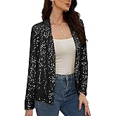 utcoco Women Sequin Blazer Casual Long Sleeve Open Front Sparkle Blazer Jacket (X-Large, Black)