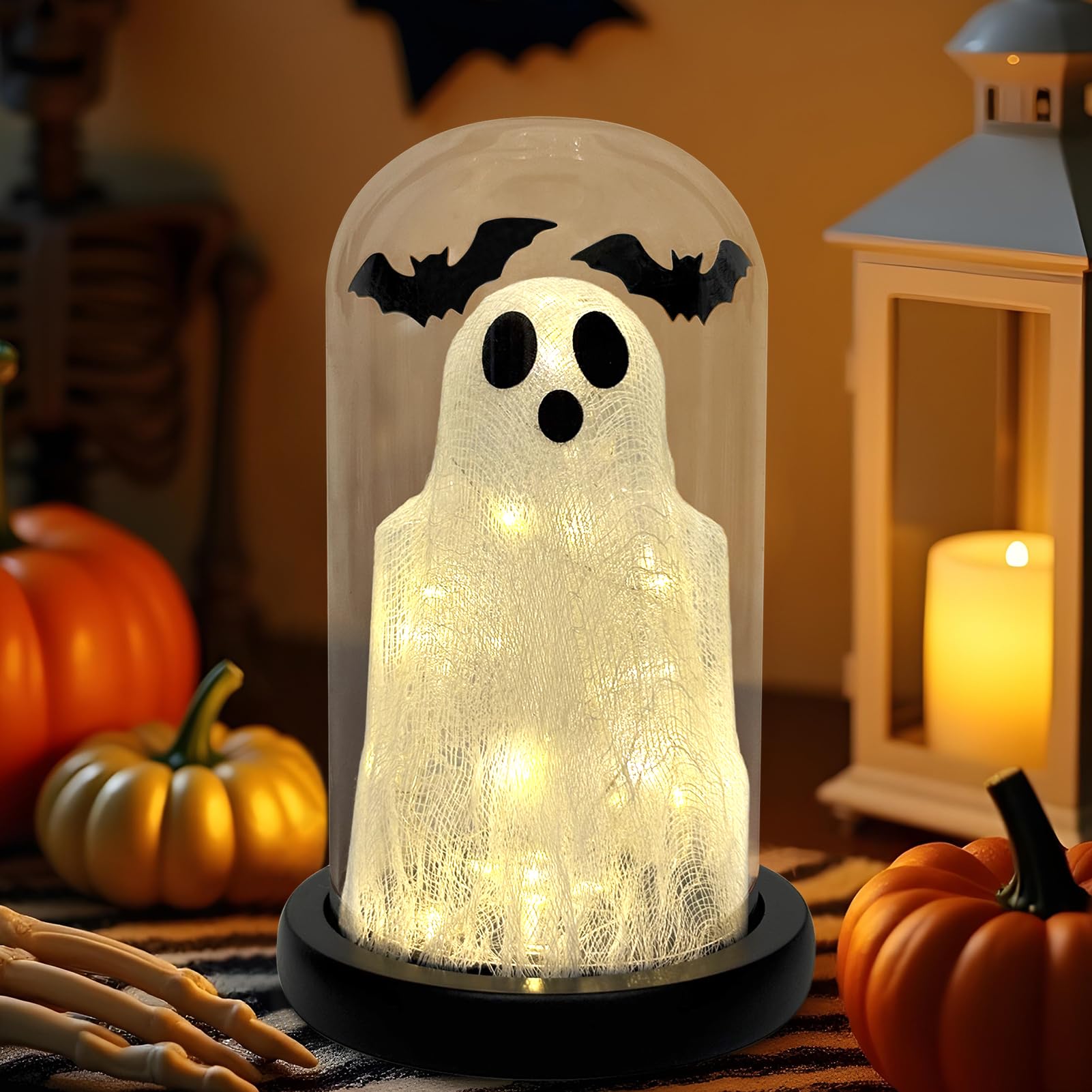 Photo 1 of DAZONGE Halloween Decorations Indoor, Lighted Ghost in Glass Dome Cloche, Cute Spooky Halloween Ghost Decor for Tabletop Mantel Display