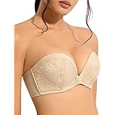 Upushall Push Up Strapless Bra with Clear Straps Covertible Plunge Lace Padded Add 2 Cups Low Cut Underwire Bras for Women Nude 36D