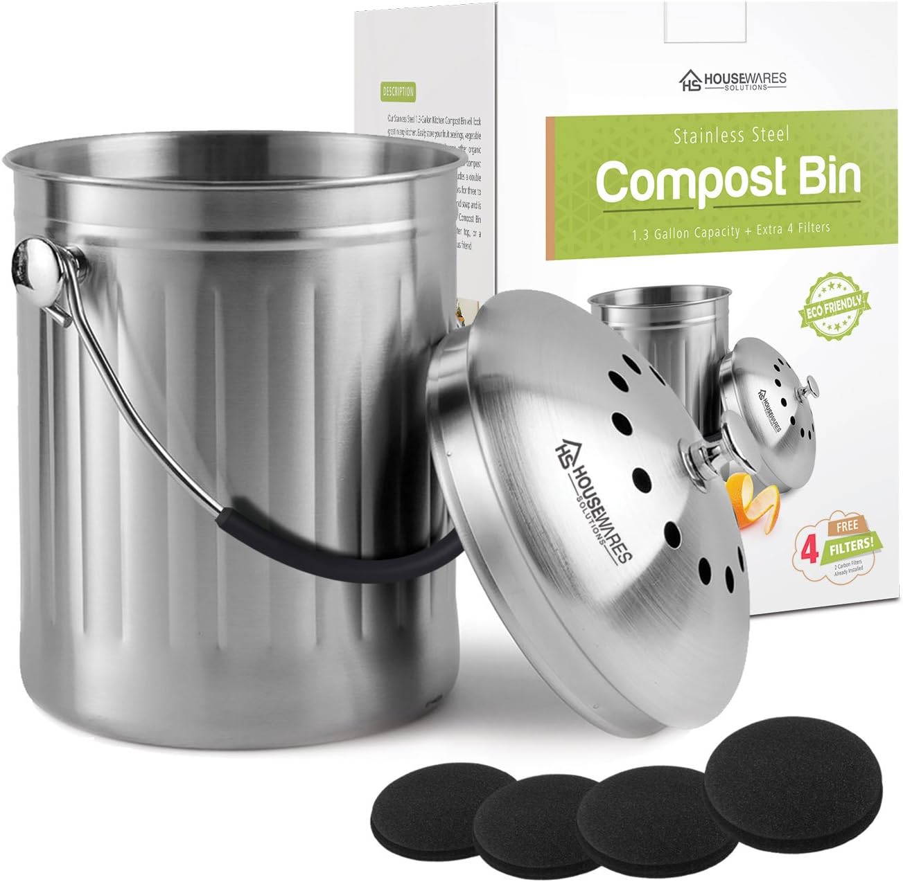 Housewares Solutions Leak Proof Stainless Steel Compost Bin 1.3 Gallon – Includes 4 Extra Free Filters