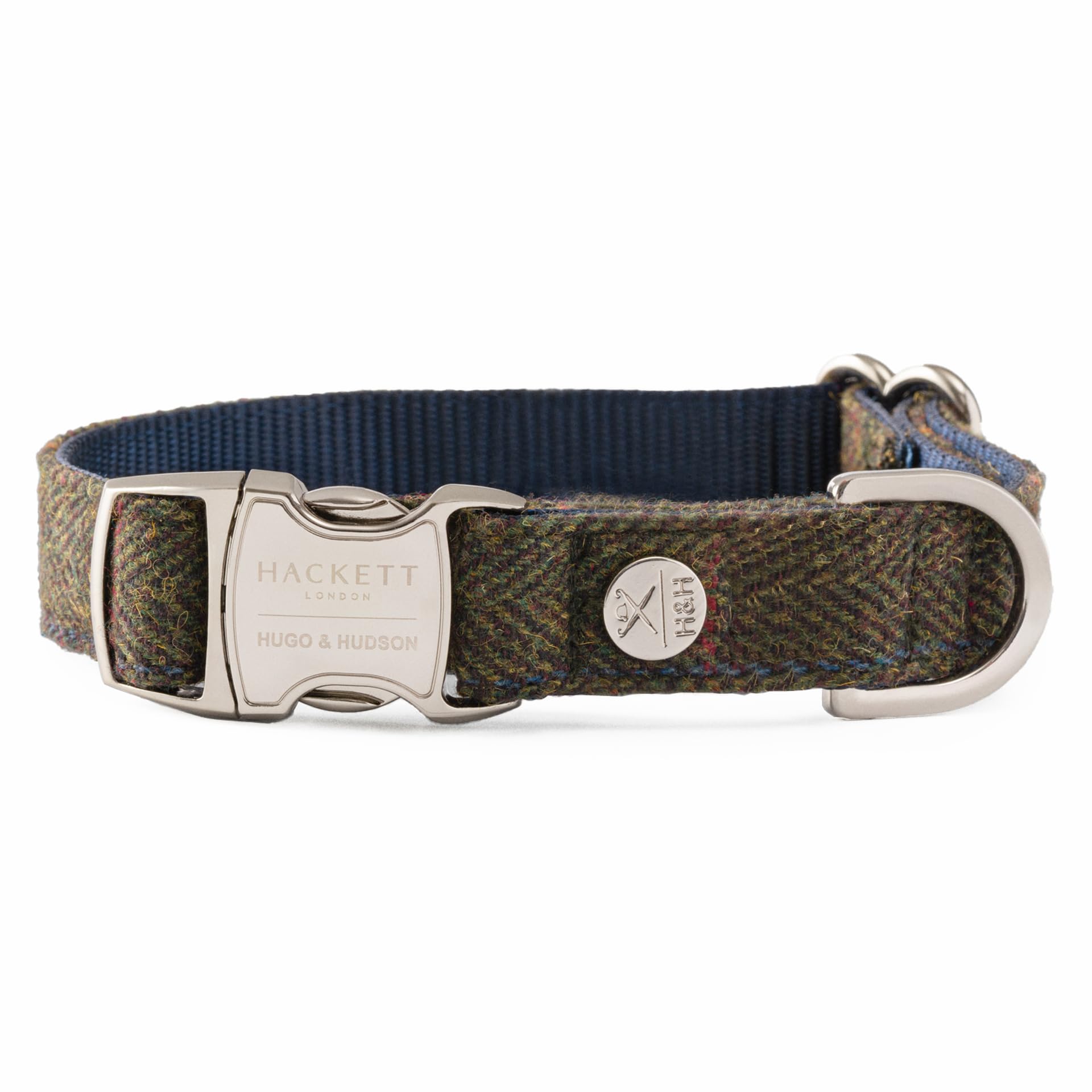HUGO & HUDSON x HACKETT Tweed Dog Collar Adjustable Metal Buckle, Dark Green Checked Herringbone XS