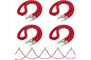 XINLTC 4 pcs Red Stanchion Twisted Rope, 5 Feet Crowd Control Safety Barriers with Polished Silver Hooks, Thick Stanchion Queue Barrier Rope for Carpet Events Movie Theaters Grand Openings