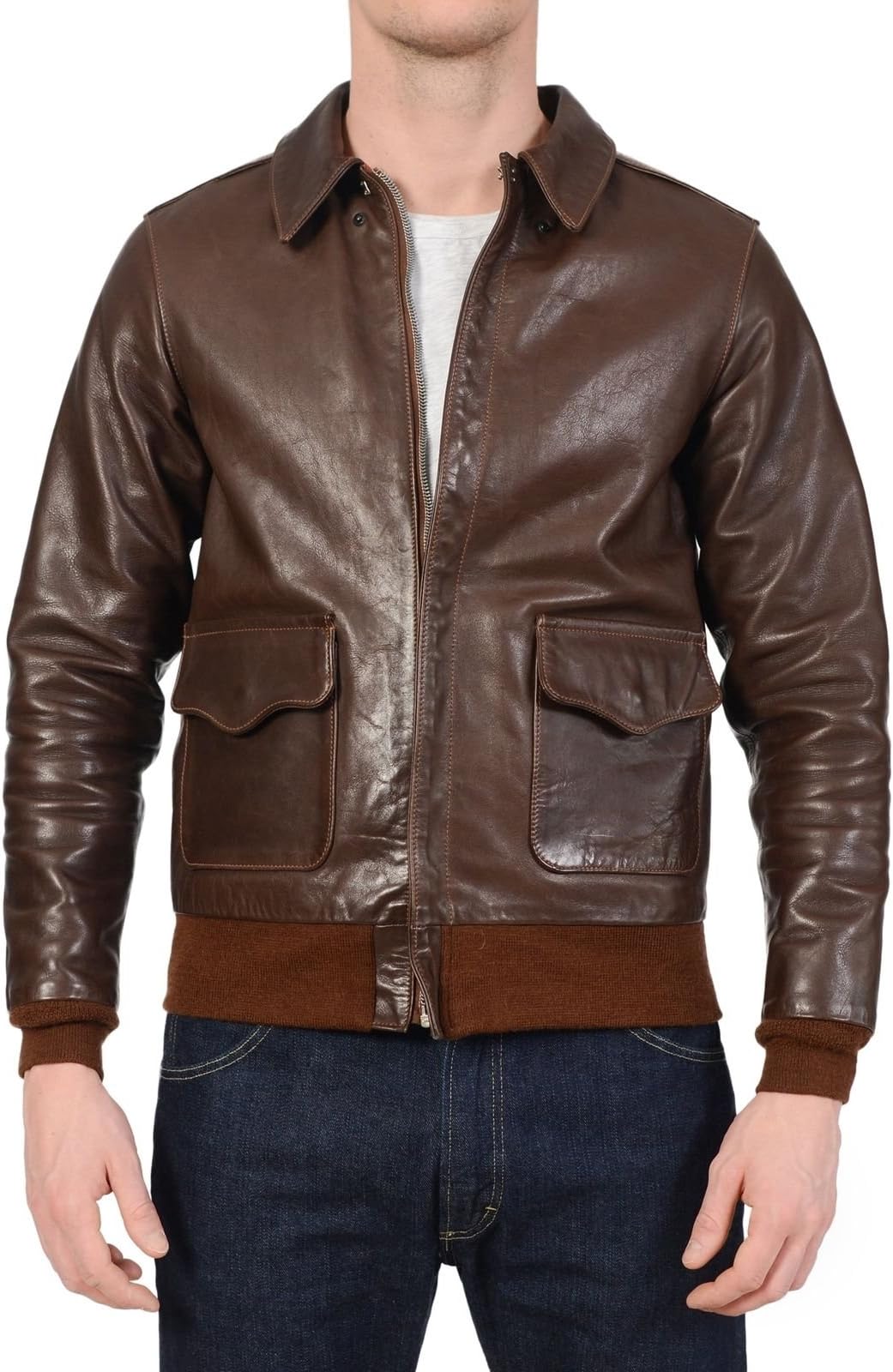 GENUSKINAviator A-2 Brown Real Cowhide Leather Bomber Flight Pilot Jacket