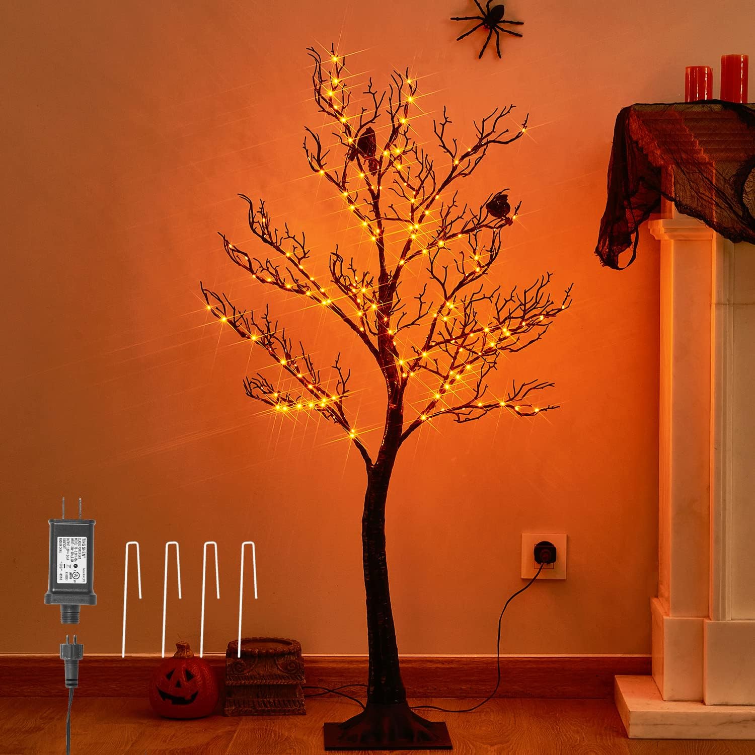 Trees - LITBLOOM Halloween Tree with Lights Plug in 4FT 150 Orange Fairy Lights, Lighted Black Spooky Tree for Indoor Outdoor Home Fall Halloween Decoration